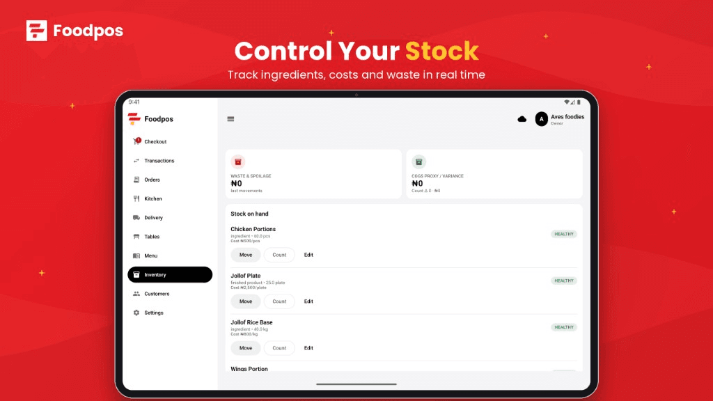 Foodpos on Android tablet — Inventory